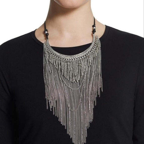 💎Josephine CHICOS Bib Strand Statement Necklace Silver Chains Rhinestone Fringe - Picture 5 of 12